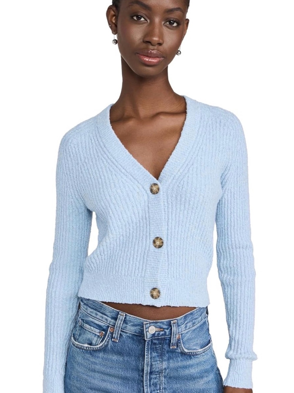 Madewell Ribbed Cropped Cardigan Sweater Blue XS Soft Bouclé Knit Button Front